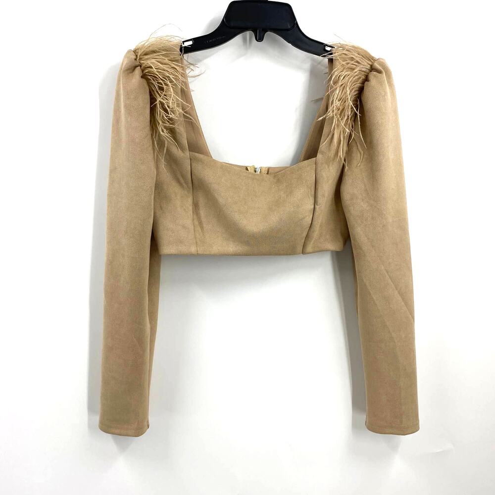 Kira Kira Retro Tan Beige Y2K Feather Crop Faux Suede Top Blouse Size M Medium